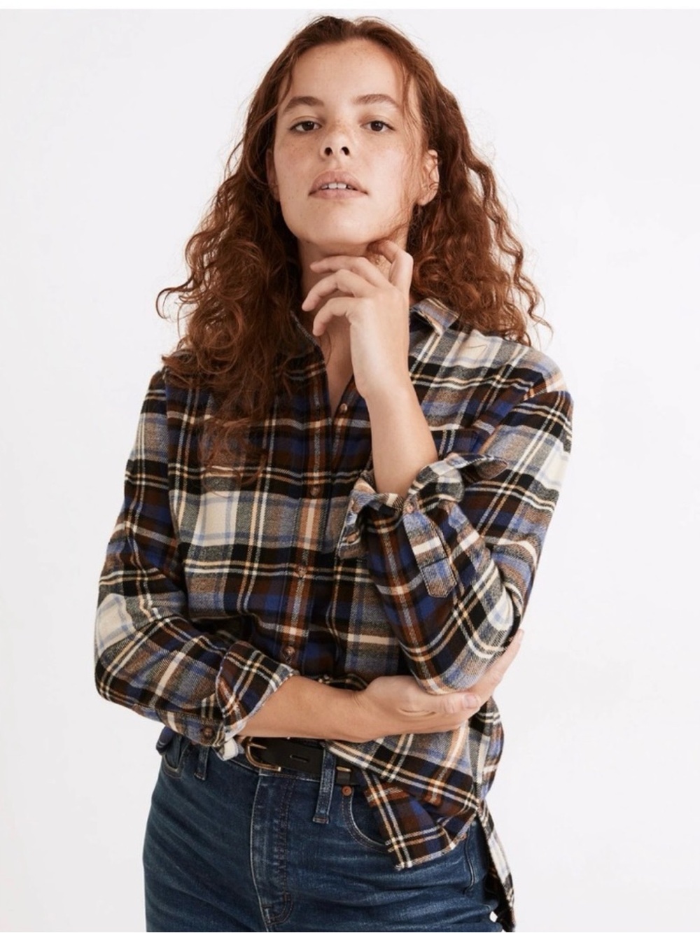 Relaxed Plaid Button-Down Shirt in Blue, Brown & Cream